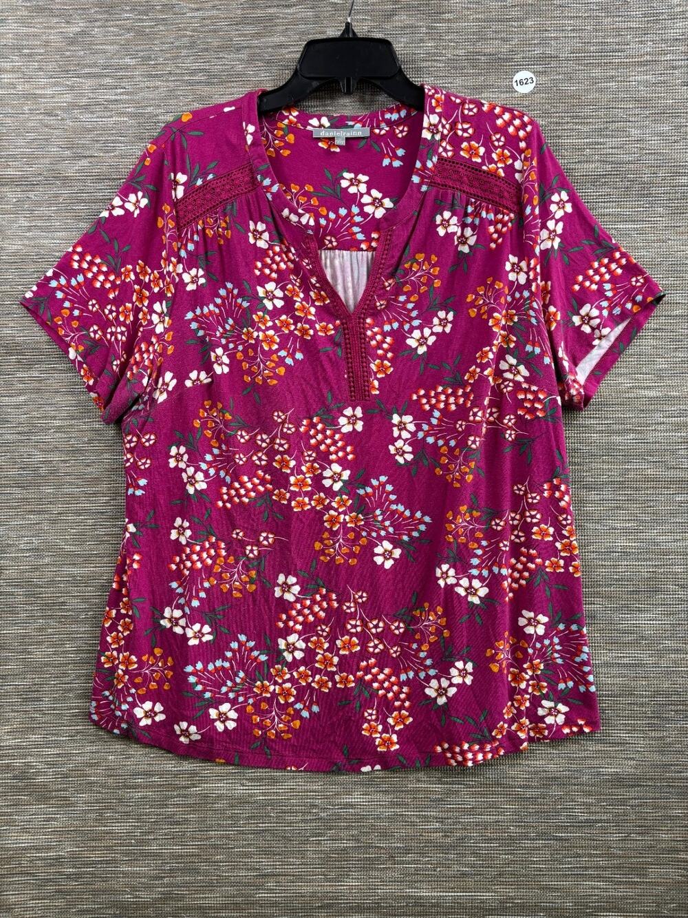 Danial Rainn Floral Blouse Womens Sz 2X Pink Multi Embroidered Henley Neck Boho
